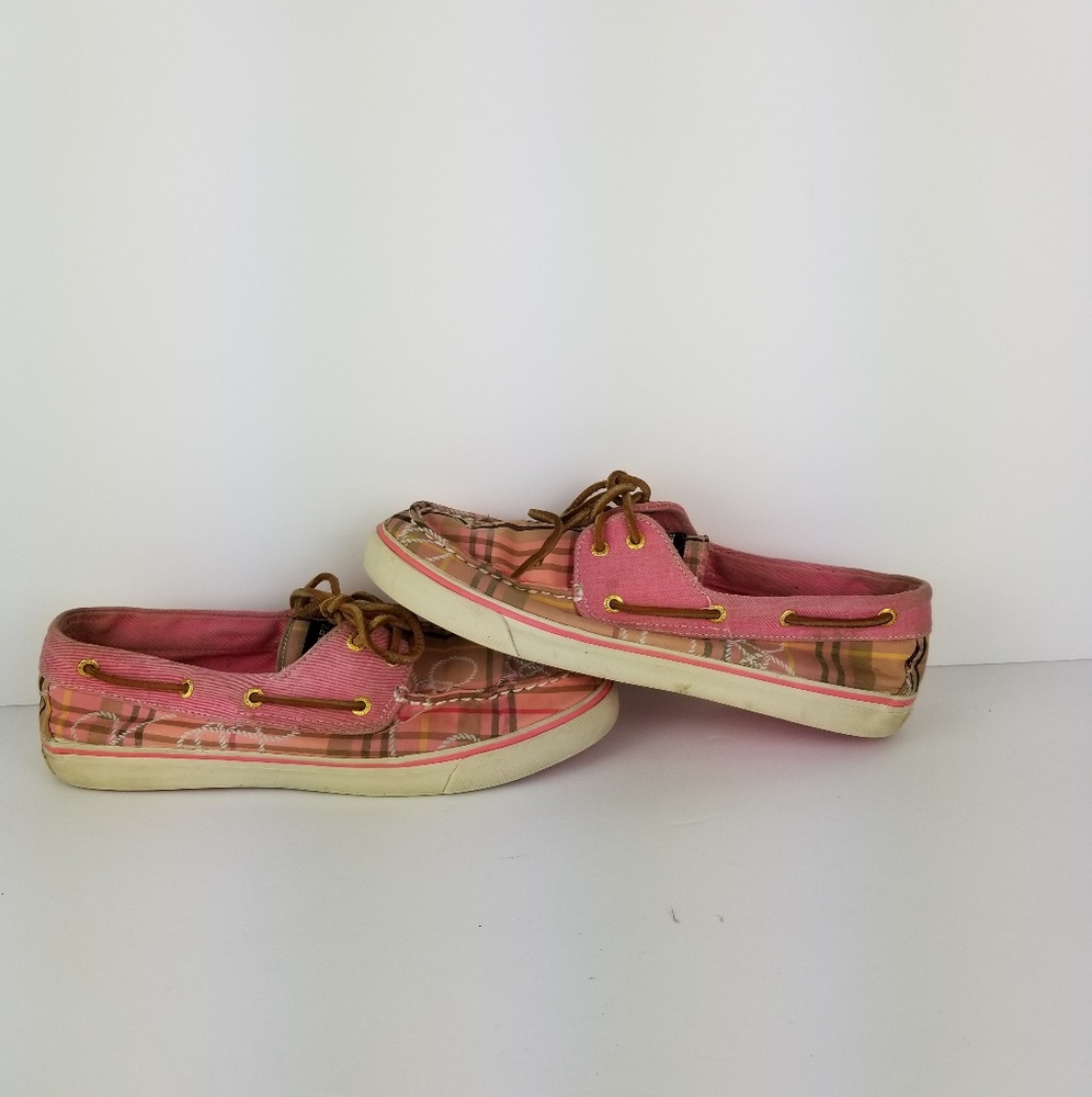 Sperry top-sider pink plaid shoes with embroidery